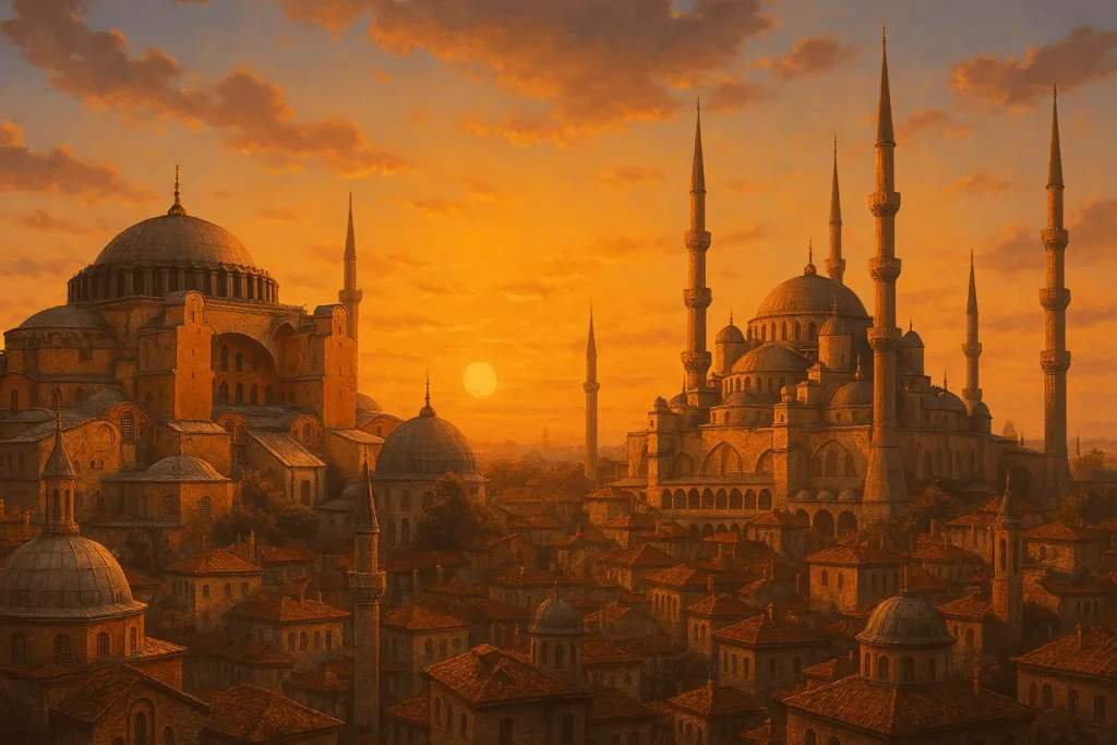 Panoramic view of Istanbul skyline showing churches and mosques side by side