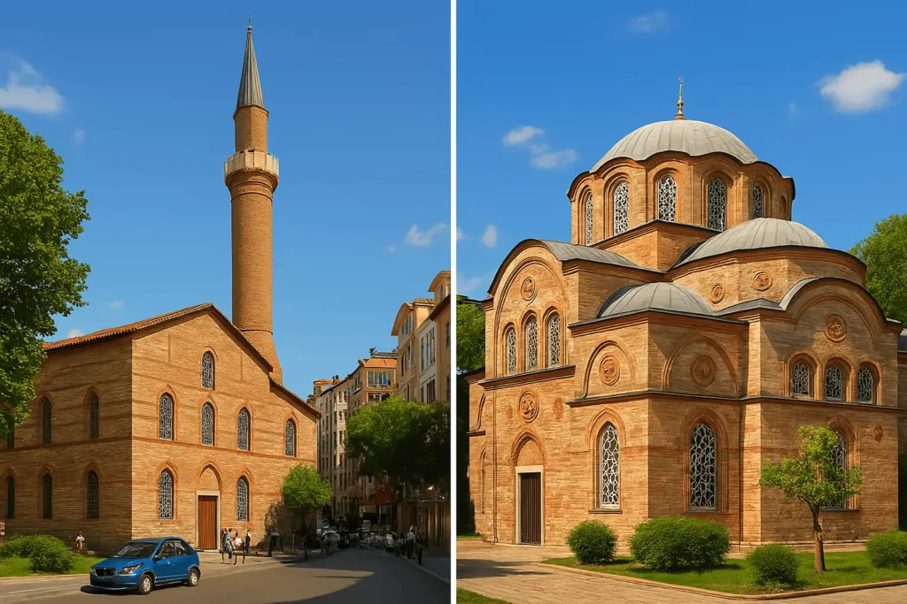 Side-by-side images of Arap Mosque and Gül Mosque in Istanbul