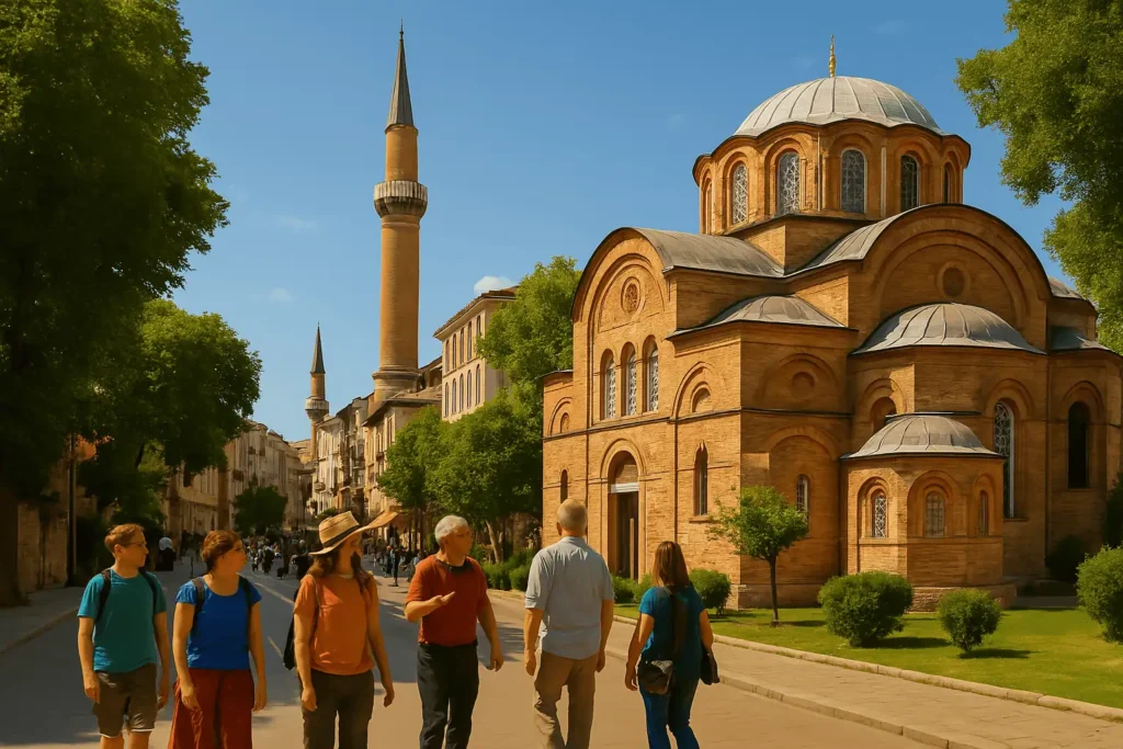 Tour group with local guide exploring historic mosques and churches in Istanbul