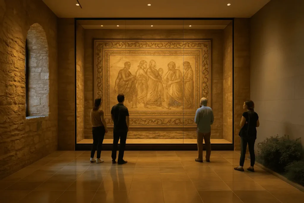 Visitors viewing preserved Byzantine mosaic in Istanbul cultural site